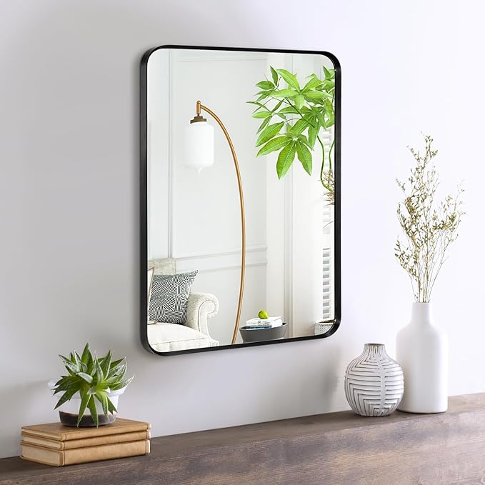 Wall Mount Small Mirror, Brushed Black Metal Framed Rounded Corner Rectangular by Minuover