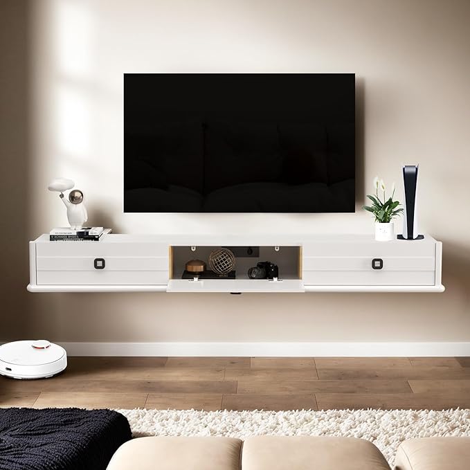 Pmnianhua High Gross Floating TV Stand, 74″ Solid Wood Wall Mounted TV Console - Image 4