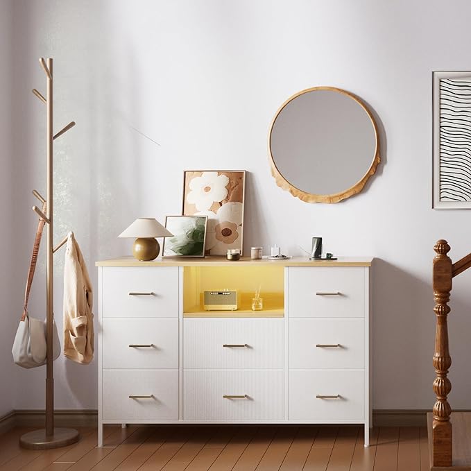 White Dresser with LED Lights and Power Outlets, Dresser TV Stand with 8 Drawers - Image 3
