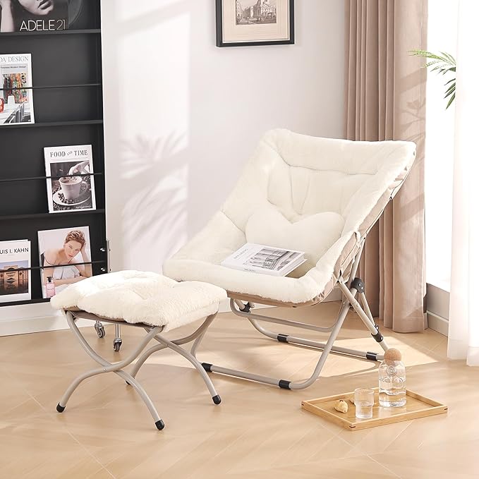 Saucer Chair with Ottoman, Comfy Oversized Folding Chair, Faux-Fur Reading Chair - Image 7