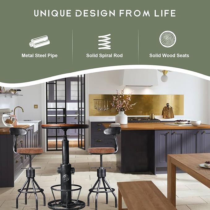 LOKKHAN Set of 2 Industrial Leather Bar Stools-Adjustable Swivel Metal Bar - Image 5