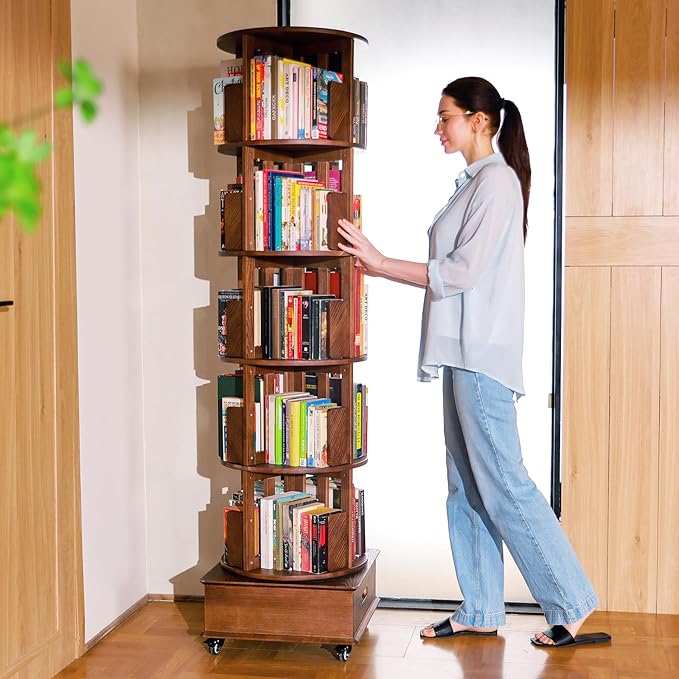 ZZV Solid Wood Rotating Bookshelf, 360° Display Bookcase - Image 4