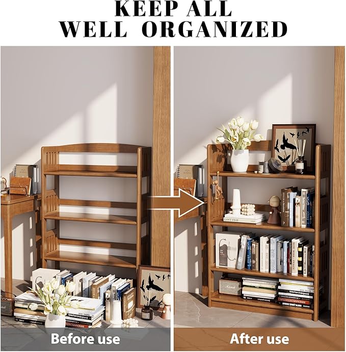4 Tier Solid Wood Open Shelf Bookcase, Modern Wooden Display Bookshelf - Image 7