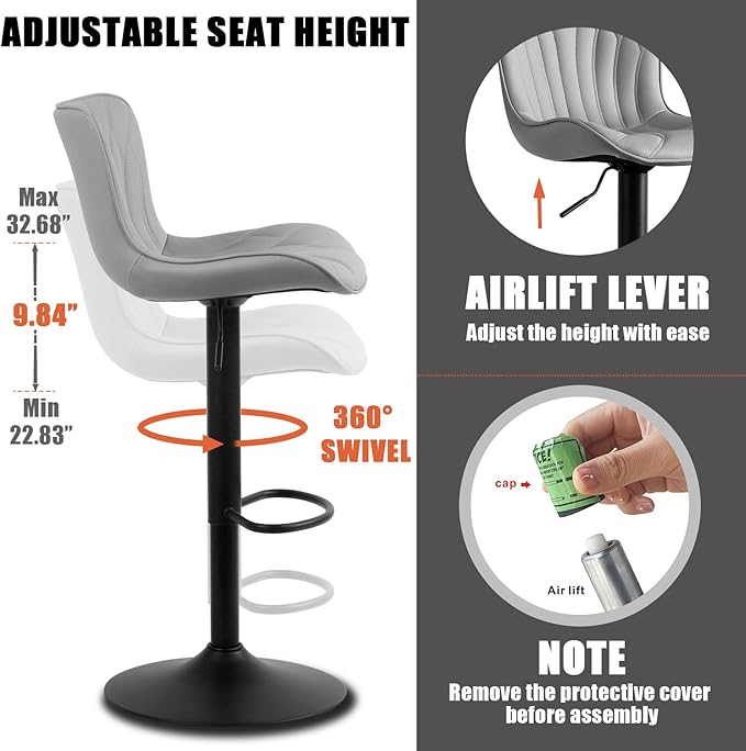 YOUNIKE 3 Grey Bar Stools Modern Swivel Counter Height Bar Chair - Image 4