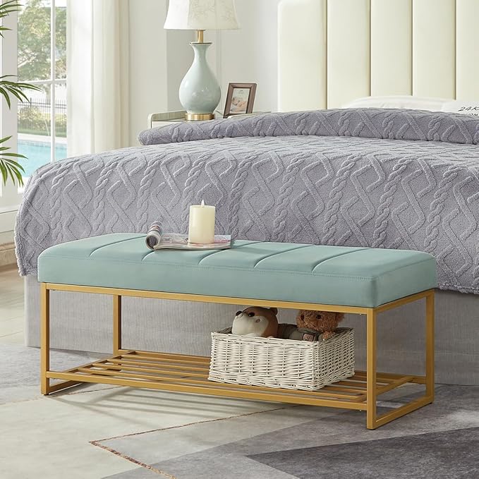 24KF Seaglass Velvet Upholstered End of Bed Bench by WEMARTHOMEDECOR