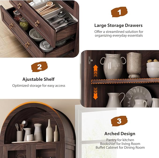 Kitchen Pantry Cabinet, Arched Bookshelf Bookcase China Pantry Storage Cabinet - Image 7