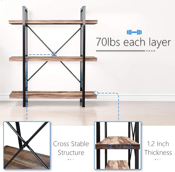 45MinST 3-Tier Vintage Industrial Style Bookcase/Metal and Wood Bookshelf - Image 4