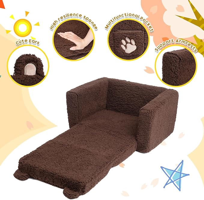 ALIMORDEN Fold Out Toddler Couch, Comfy 2-in-1 Cuddly Sherpa Bear Chair - Image 7