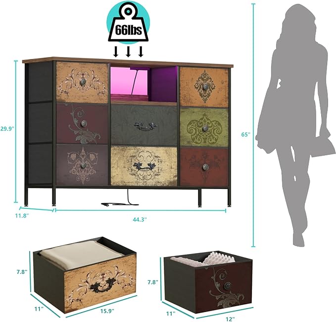 Pattern Dresser with LED Lights and Power Outlets, Dresser TV Stand with 8 - Image 2