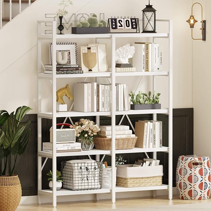 FATORRI Bookshelves and Bookcases, 5 Tier Tall Wood Metal Bookshelf, 51in Wide - Image 3
