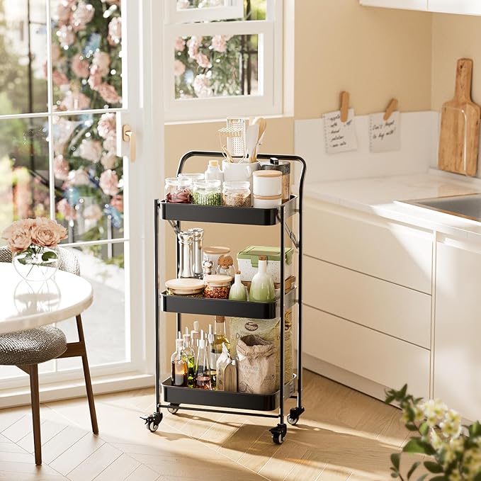 JAQ Foldable Rolling Cart, 3-Tier Metal Folding Storage Utility Carts Basket - Image 7