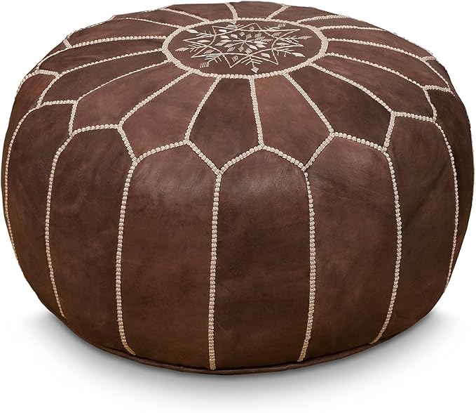 Stuffed Round Design Moroccan Leather Pouf Ottoman, Pre-Filled, 100% Genuine by Unknown