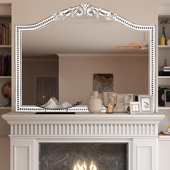 32x42 Inch Ornate Wooden Arched Wall Mirror, Rustic Farmhouse Decorative Wide - Image 7