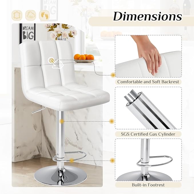 DUMOS Bar Stools Set of 2, Armless Adjustable Swivel Barstools, PU Leather - Image 5