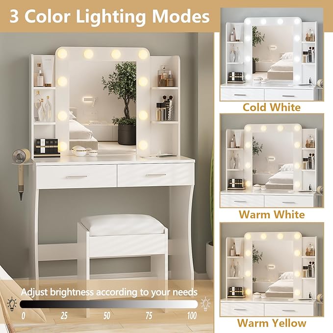 Vabches Vanity Desk with Lights, Makeup Vanity with Power Strip, Dressing Table - Image 3