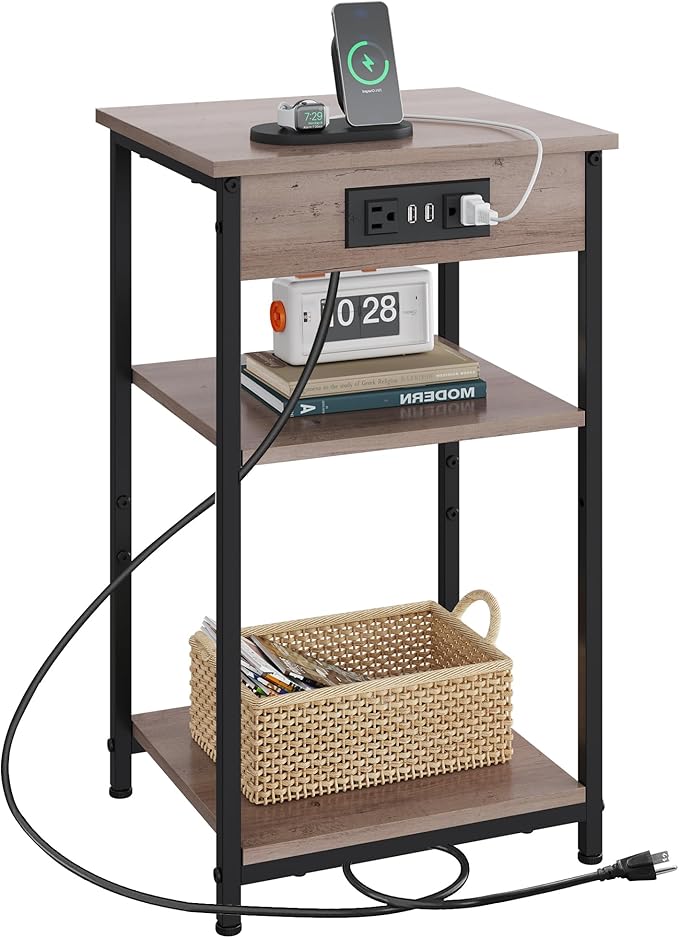 WLIVE End Table with Charging Station, Small Night Stand with 3 Storage Shelves by WLIVE