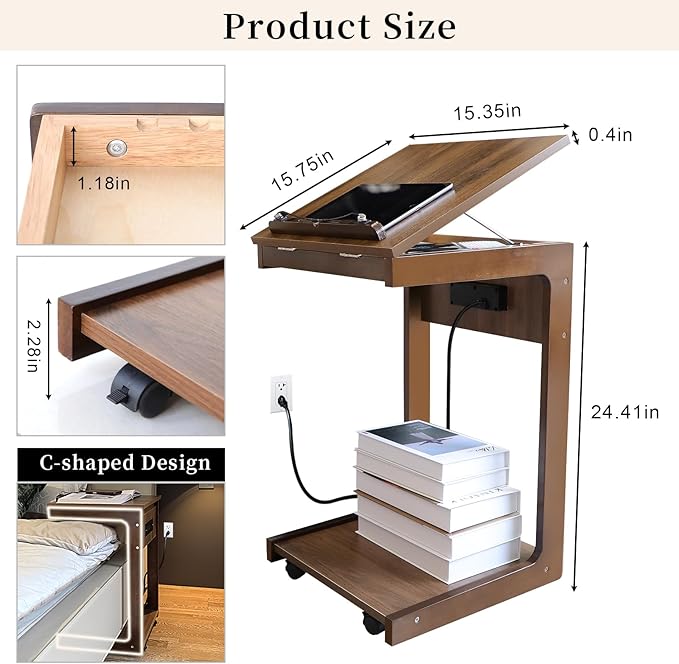 C Shaped End Table with Charging Station, Small Side Table - Image 2