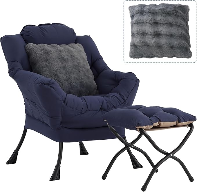 Large Lazy Chair with Ottoman, Accent Reading Chairs with a Throw Pillow by HomeEastllyHome