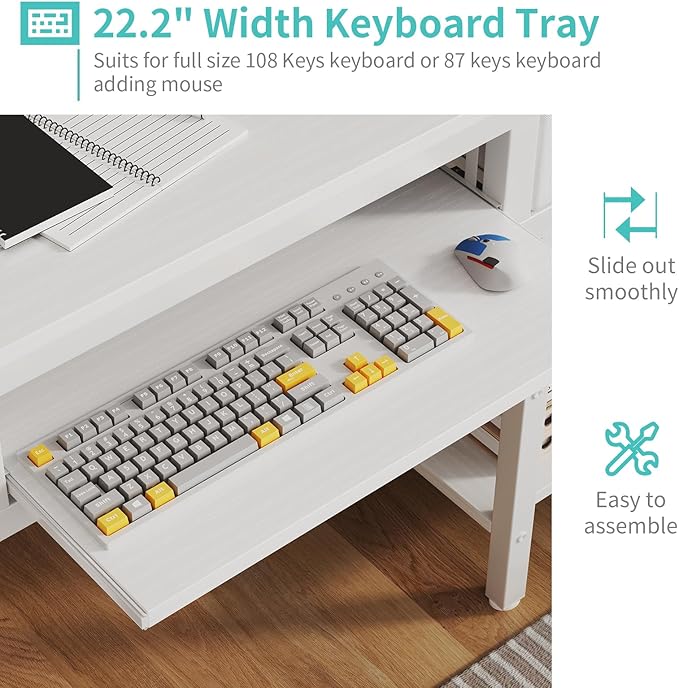 Lufeiya White Desk with Keyboard Tray Slide Out, 47 Inch Home Office Computer - Image 4