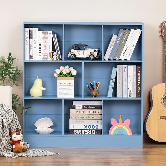 YAHARBO 3 Tier Bookshelf, Wide Kids Horizontal Bookcase, 8 Cube Blue Book Shelf - Image 3