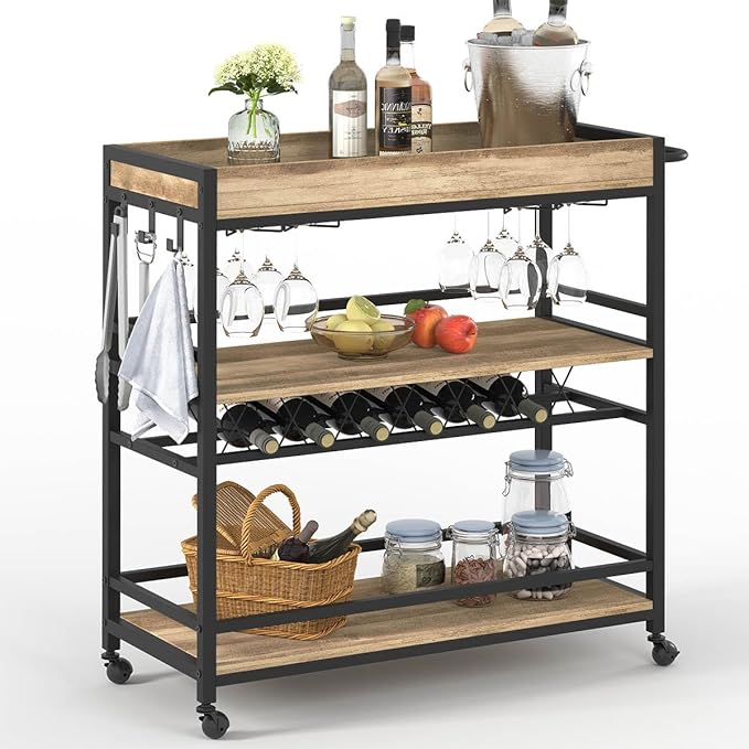 BON AUGURE Bar Cart for The Home, Bar Serving Carts on Wheels, 3 Tier Storage by BONAUGURE