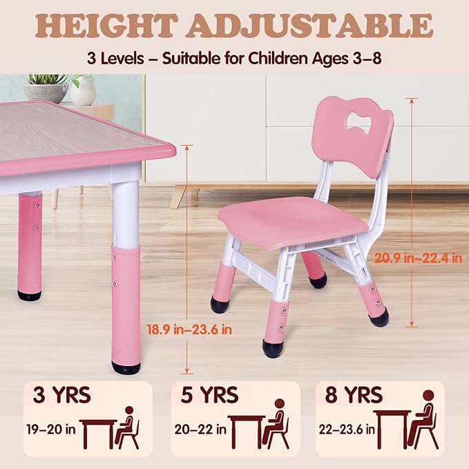 Kids Table and 2 Chairs Set, Height Adjustable Toddler Study Table and Chair Set - Image 2