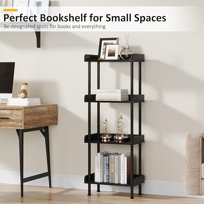 Hosfais Small Wooden Bookcase, 4-Tier Black Rustic Etagere Bookshelf - Image 4