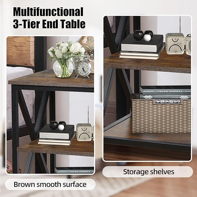 Square End Table with Storage Shelf, 3-Tier End Table Living Room, Rustic Brown - Image 7