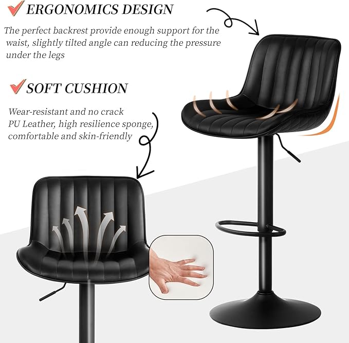 YOUNUOKE Black Bar Stools Set of 2 Adjustable Counter Height Stools Modern - Image 7