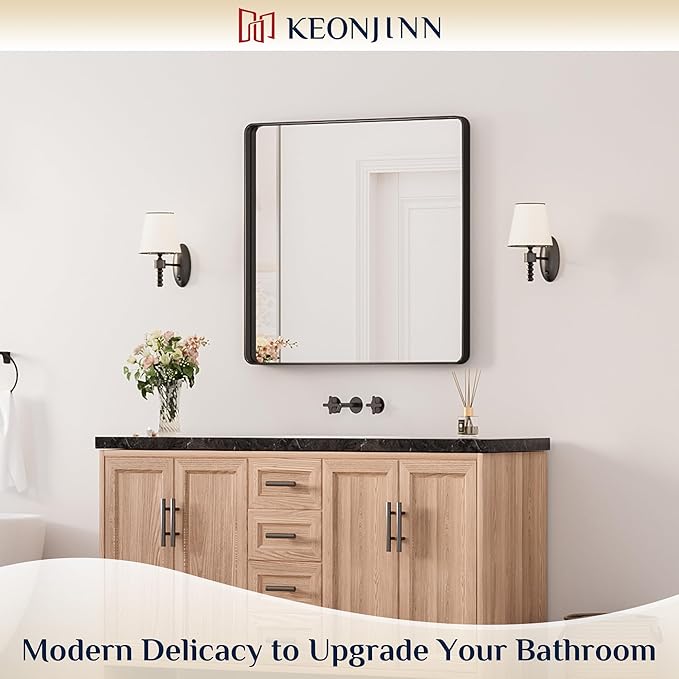 Keonjinn Black Bathroom Mirror for Over Sink, 30 x 30 Inch Rounded Rectangle - Image 2