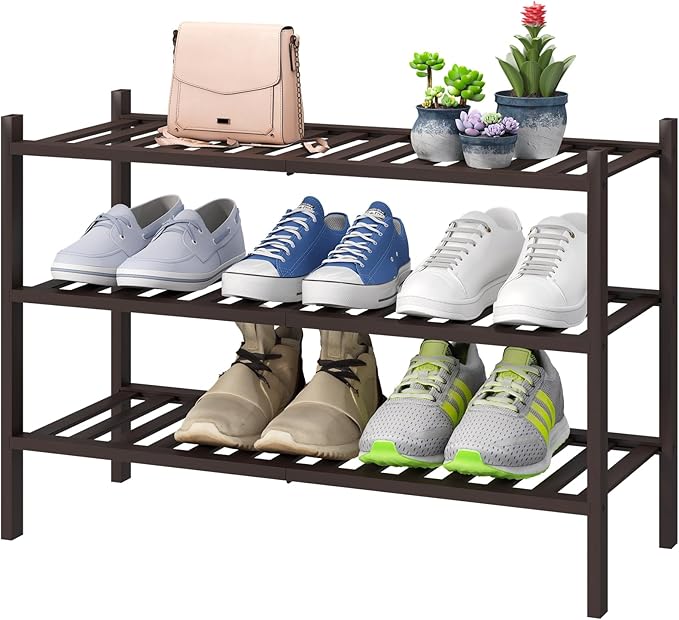Shoe Rack for Closet, 3-Tier Bamboo Wood Shoe Racks, Stackable | Beautiful | by VIEWCARE