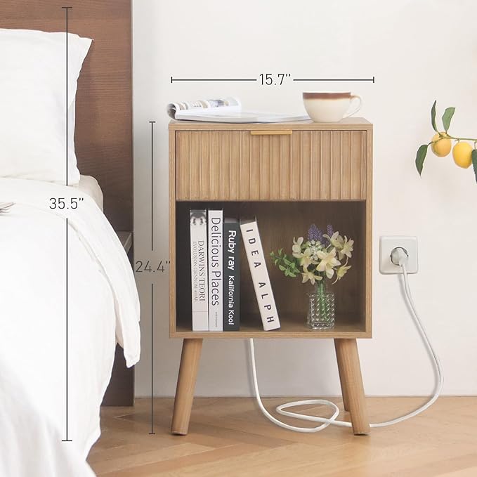 Wood Nightstand with Charging Station, Bedside Table with Fluted Drawers and - Image 2