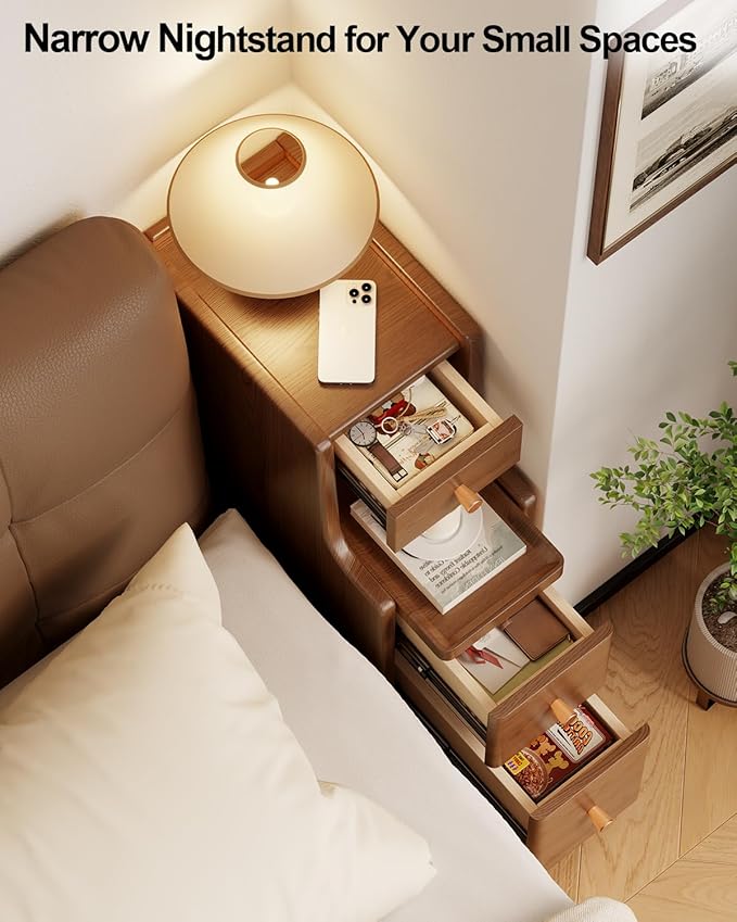 Narrow Nightstand with 3 Drawers, Solid Wood Small Nightstand Walnut, Modern - Image 3