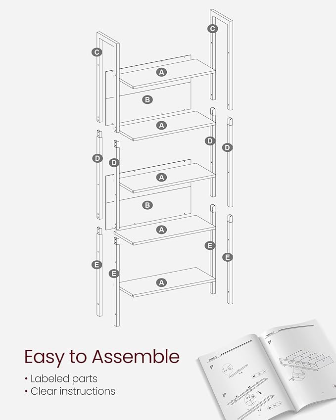 VASAGLE 5-Tier Bookshelf, Book Shelf, Industrial Bookcase, - Image 9