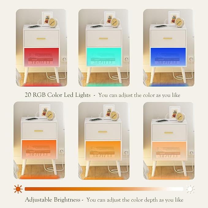Nightstand with Charging Station and LED Lights, Small Side Table, Bedside - Image 3