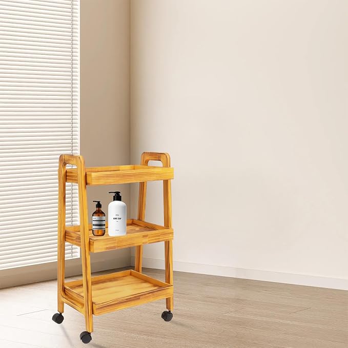 3-Tiers Ladder Shelf with Wheels, Wooden Rolling Cart, Solid Pine Wood Ladder - Image 5