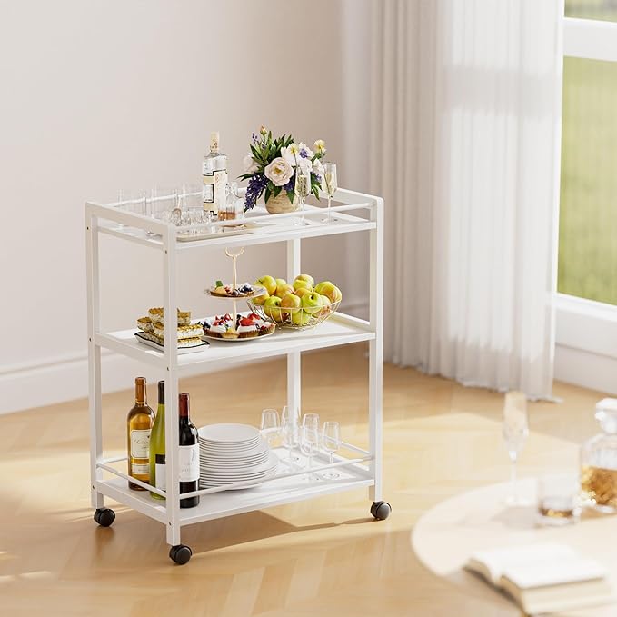 HITNET White Bar Cart, Home Bar Serving Cart, Kitchen Trolley on Wheels - Image 5