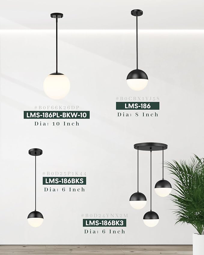 LMS 10 Inch Globe Pendant Lights, Matte Black Mid Century Kitchen Island Light - Image 7