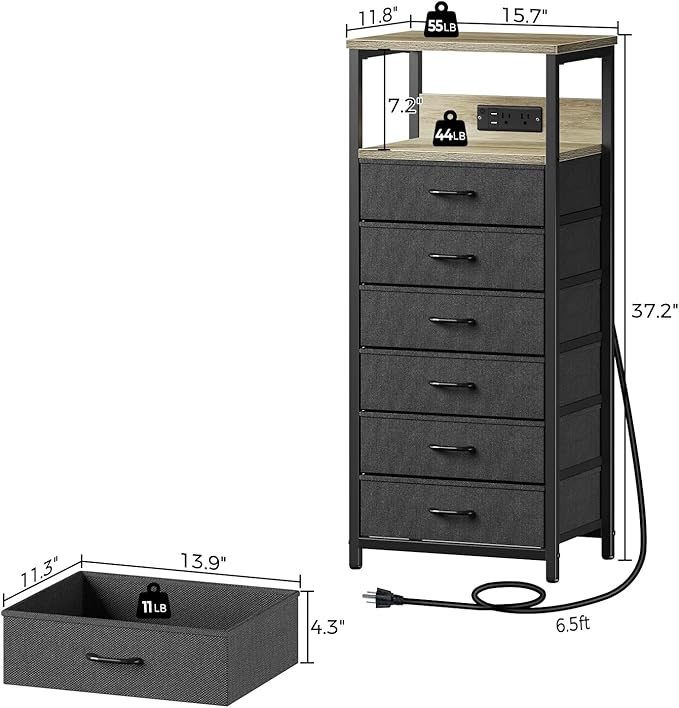 Seventable Night Stand with Charging Station, Tall Nightstand with 6 Fabric - Image 3