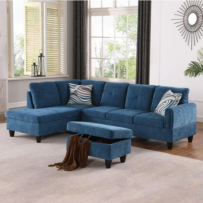 Blue L-Shaped 3-Piece Flannel Sofa by Unknown