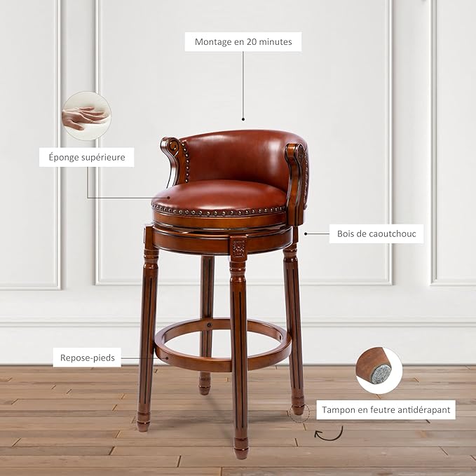 Cow top Leather Wooden Bar Stools, 180 Degrees Swivel Barstools Chair - Image 6