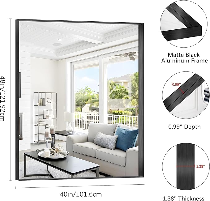 Black Bathroom Mirror, 40x48 Inch Rectangular Framed Mirror, Large Wall Mounted - Image 3
