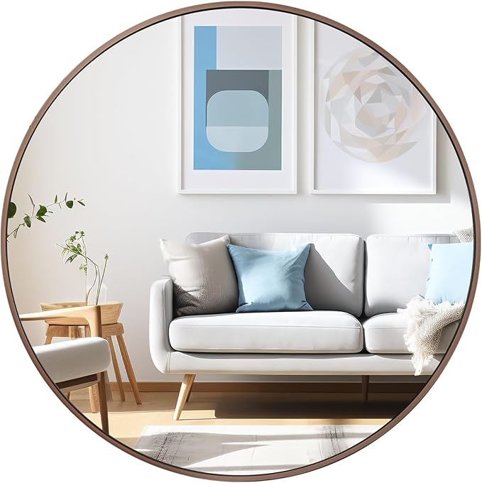 36 inch Circle Wall Mirror, Brushed Bronze Metal Framed Round Mirror by UMZODO