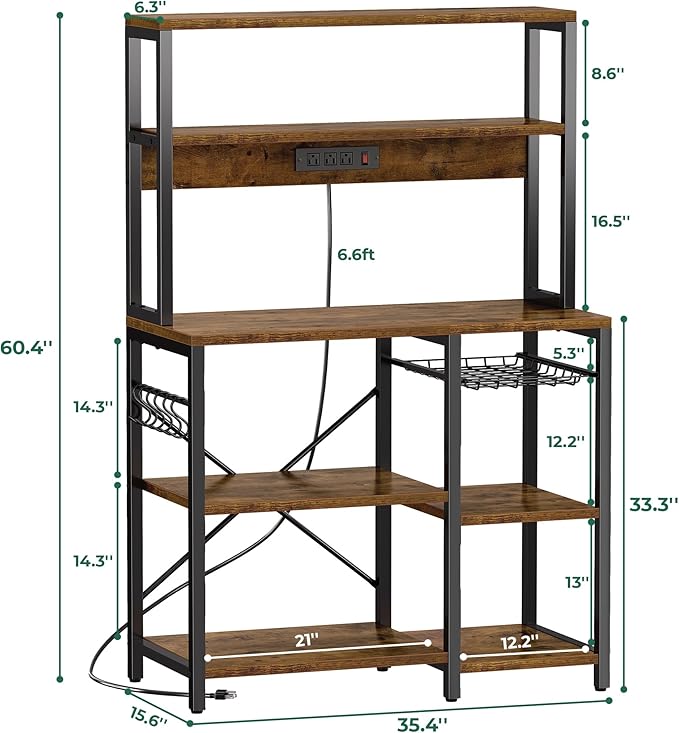 SUPERJARE Bakers Rack with Power Outlet, 35.4 Inches Coffee Bar with Wire Basket - Image 3
