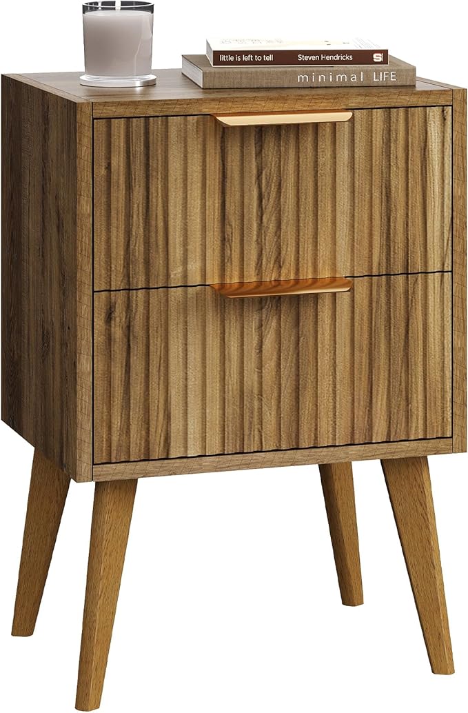 Fluted Nightstand with 2 Drawers, Modern Bedside Table with Metal Handles by YAUKOMEL
