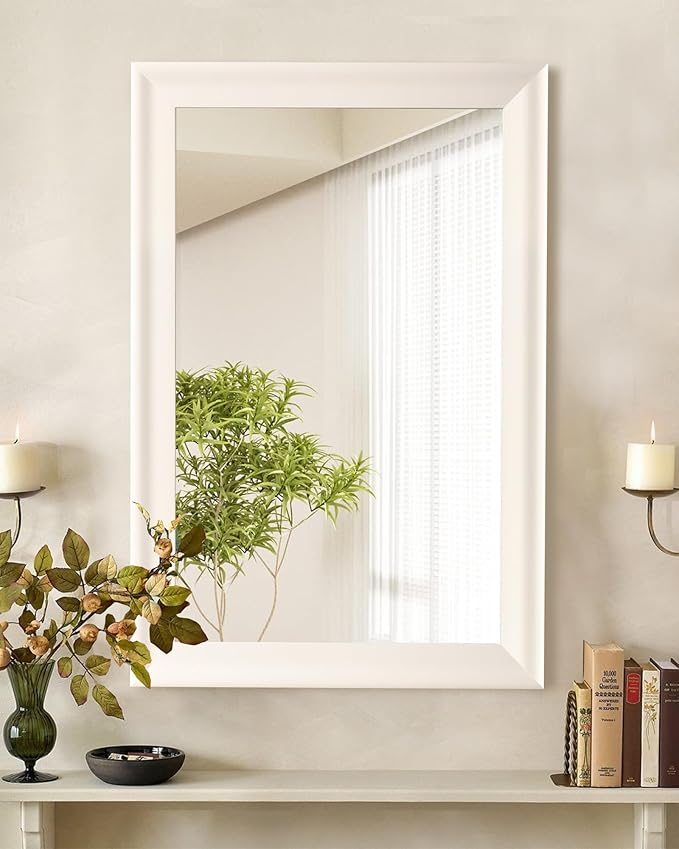 CULER White Wood Wall Mirror for Bathroom, Rectangle Rustic Beige 24 x 36 inch - Image 2