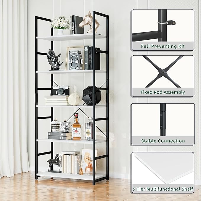 OTK 5 Tier Bookshelf, Tall Bookcase, Office Shelf Storage Organizer, Modern - Image 4