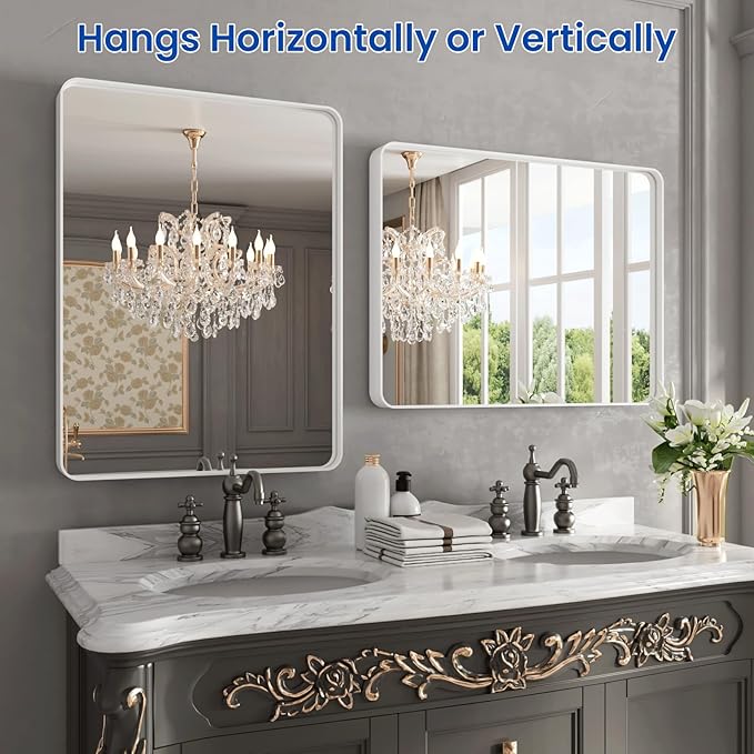 WEER White Bathroom Mirror 22X30 Inch, Rounded Rectangle White Metal Frame - Image 5
