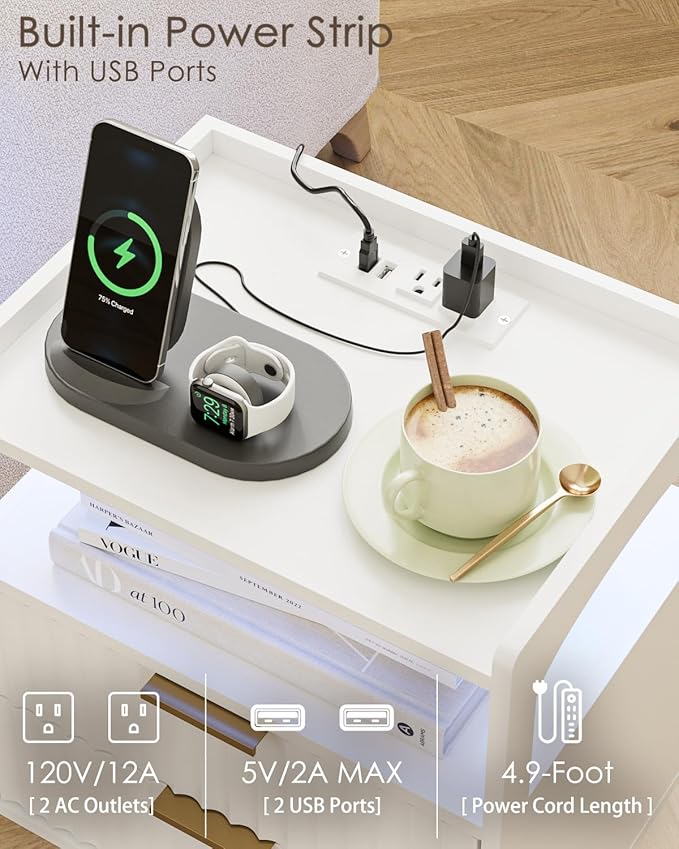 Nightstand with Charging Station and LED Lights, Modern Bedside Table with - Image 3