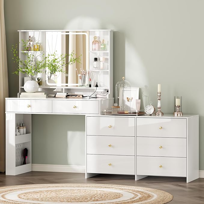 Makeup Vanity Desk with Mirror and Lights, Vanity Desk with 8 Drawers & Storage by Ieejdn